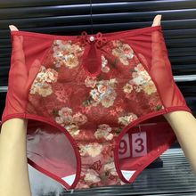 高腰国风爆款红色蕾丝碎花内裤女款女士透气性大码网纱mm三角裤