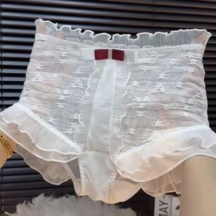 新款蕾丝提花网纱性感内裤女大码透明蝴蝶结镂空胖mm仙女三角内裤