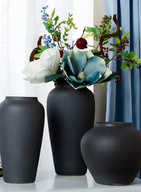 手工磨砂黑色陶瓷花瓶摆件北欧复古粗陶罐DIY灯台面装饰客厅插花