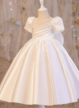 公主裙女童参加婚礼服花童白色缎面走秀钢琴表演婚纱儿童连衣裙子