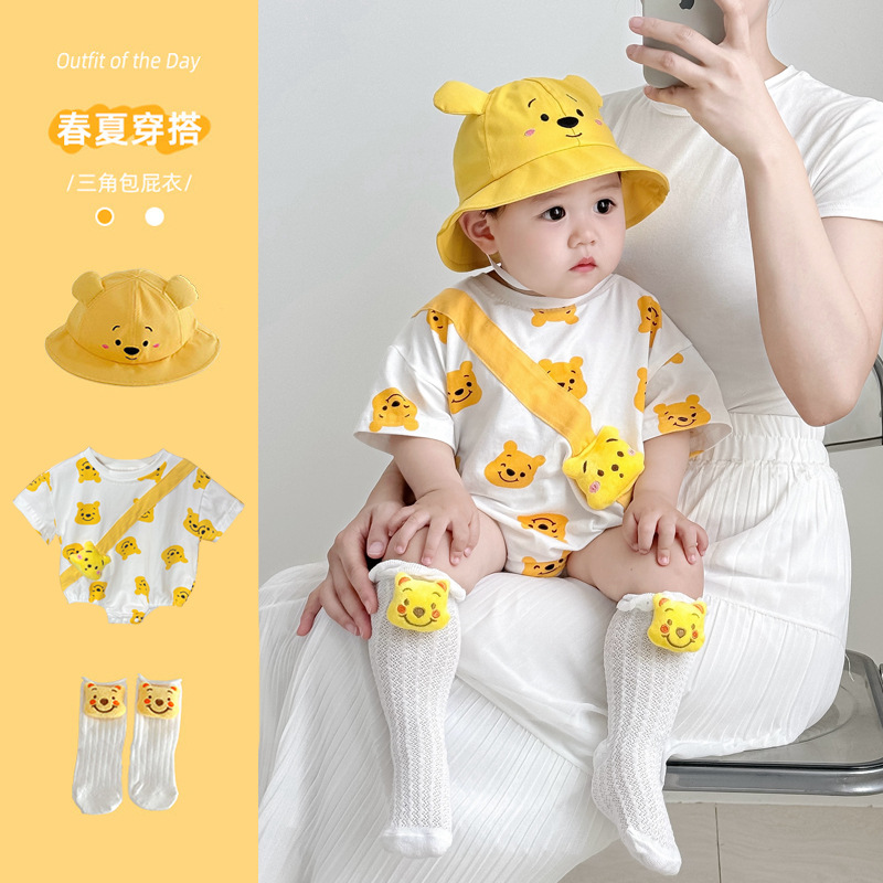 婴儿夏装薄款包屁衣卡通小熊宝宝短袖衣服男童三角连体衣超萌套装