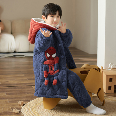 可外穿男童冬季三层加厚夹棉睡袍保暖儿童青少年连帽中长款睡衣