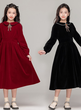 童装女童红色连衣裙2025秋冬复古中大童小翻领收腰公主裙新年