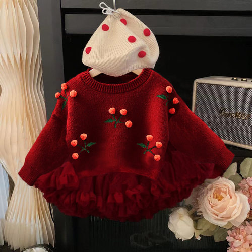 秋冬童装新款女童红色毛衣针织小樱桃针织衫宝宝蓬蓬裙子tutu裙