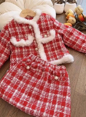 77227 新款洋气女童拜年服套装冬季儿童加棉加厚小香风红色年服