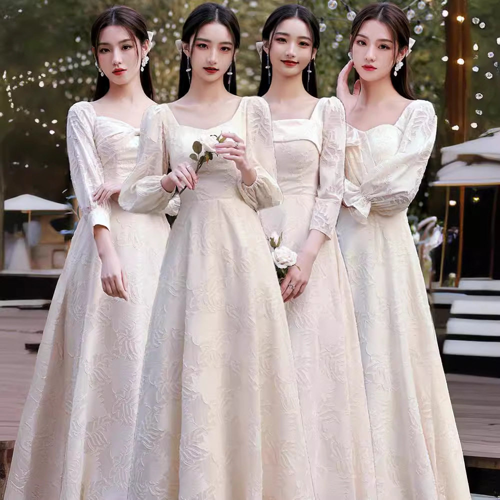 伴娘服新款秋长袖长款年会香槟色晚礼服裙女成人礼女孩礼服高中生