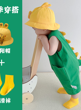 婴儿哈衣男童恐龙无袖连体衣服夏季女宝宝超萌薄款可爱爬服