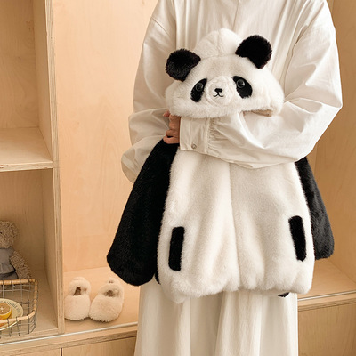 女童仿皮草毛毛衣儿童熊猫黑白连帽外套加厚保暖衫冬动物造型衣服
