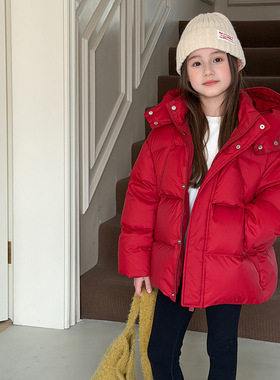 儿童大红色羽绒服石墨烯科技抗风保暖连帽过年亮喜庆拜年保暖外套