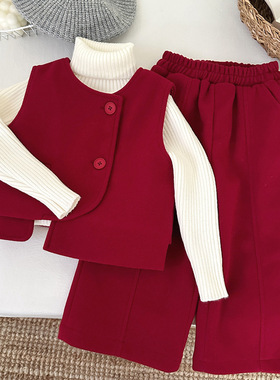 毛呢背心红色儿童裤拜年新年服装女童冬天套装小女孩时尚洋气时髦