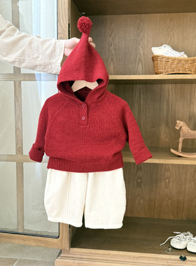 婴儿衣服新年红色毛衣冬季加厚男女婴幼儿两件套一岁宝宝超萌套装