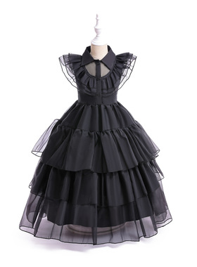 欧美成人网纱蓬蓬裙万圣节COS亚当斯星期三女公主长裙黑色连衣裙