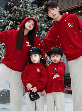 马年小标全家装大红色喜庆加绒新年亲子装卫衣一家三四口全家装潮