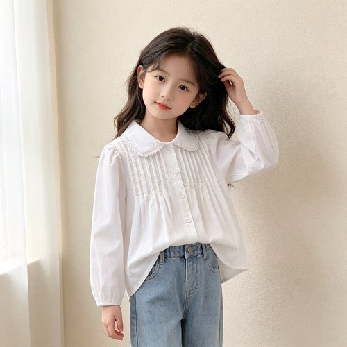 儿童衬衫春秋纯棉2026新款洋气白色衬衣宝宝时髦上衣女童娃娃衫