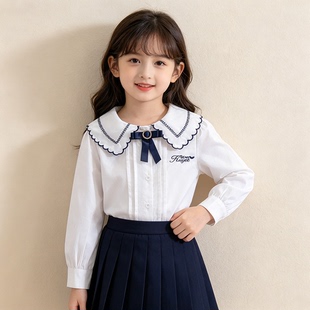 儿童衬衫女童长袖学院风春秋小学生校服娃娃领白色衬衣服表演出服