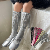 网红儿童袜子春夏薄款 女童亮片流苏小腿袜潮童时髦宝宝走秀中筒袜