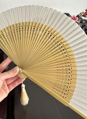 月亮扇中国风小清新女式折扇汉服扇子舞蹈随身携带小扇旗袍白色