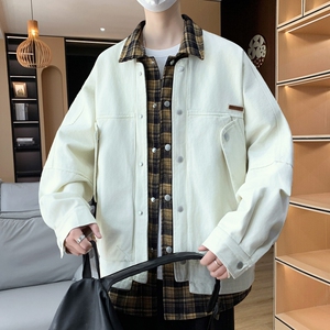 美式复古纯棉拼接牛仔外套男春秋款假两件港风夹克青少年工装