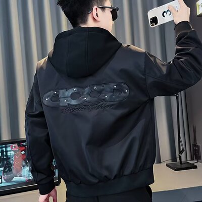 美式复古飞行员连帽刺绣男款夹克