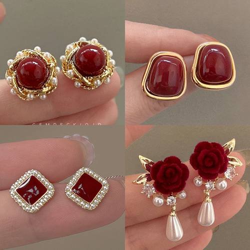 慕斯里复古酒红色耳环港风几何