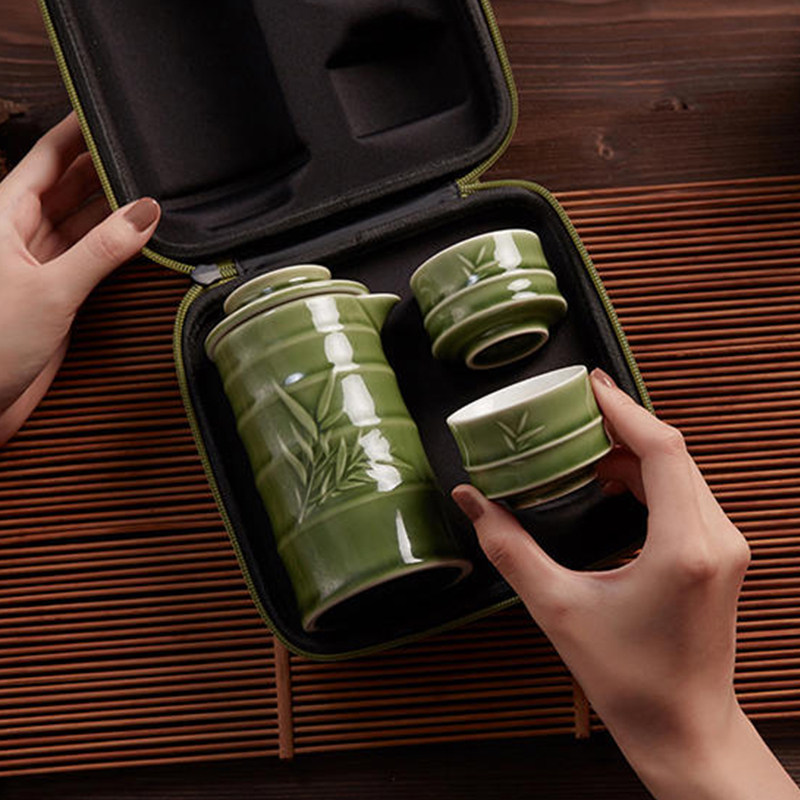 乾唐轩活瓷 竹君子泡茶器一壶二茶杯随身旅行茶具套装商务礼品