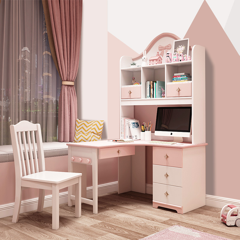 儿童书桌书柜一体组合学习桌女孩粉色公主卧室书架实木写字桌转角