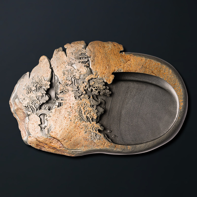 【超级孤品】国家非遗传人 方学斌作品 收藏级砚台《松亭观瀑》老坑眉纹坑 金皮眉子籽料歙砚台 高档文房四宝