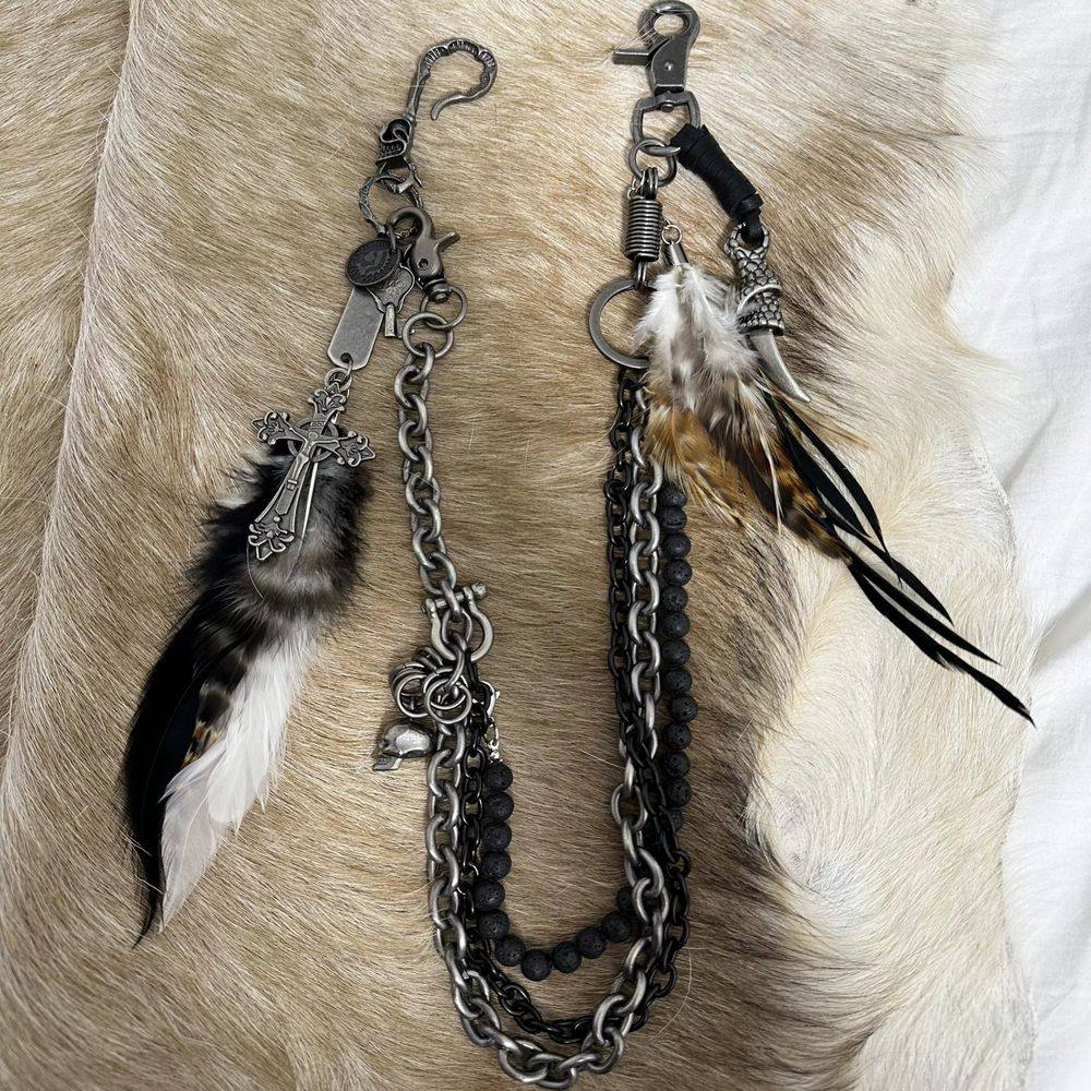 thumbnail for Hand-made visual kei feather skull cross multi-layered vintage keychain trouser chain necklace