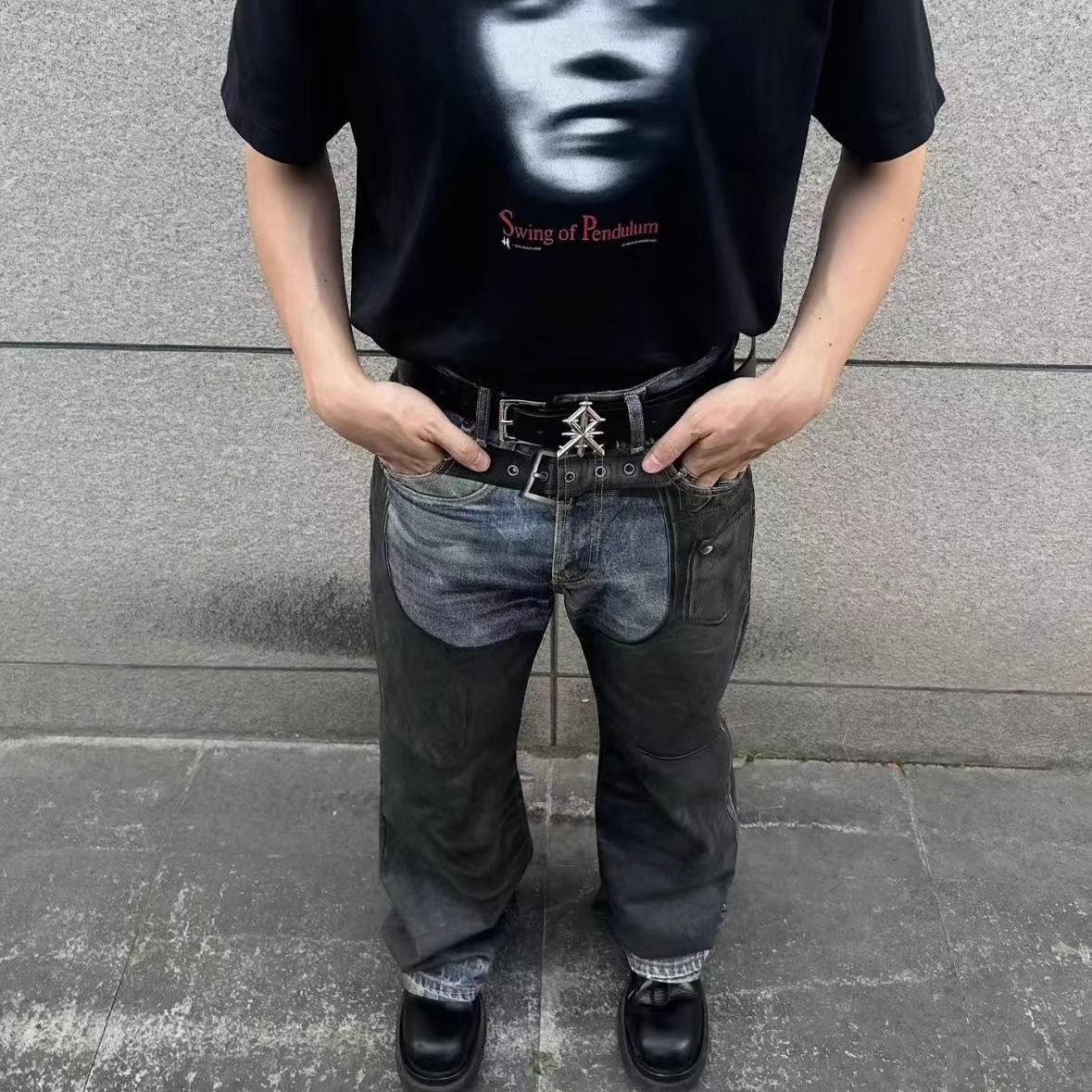 AC假两件错觉皮裤微喇男女牛仔裤