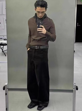 Vujade009深棕色烟灰灯芯绒长裤男女同款休闲通勤百搭宽松裤子