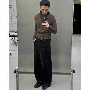 Vujade009深棕色烟灰灯芯绒长裤男女同款休闲通勤百搭宽松裤子