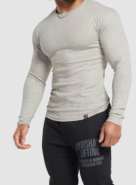 显身材GYMSHARK Ribbed T-Shirt男修身紧身螺纹竖条长袖T恤健身衣