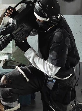 Badson高克重oxygen火罐双层长袖内里华夫格水洗黑宽松男女T恤