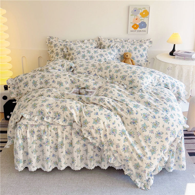 新款韩版纯棉夹棉1.8m床裙式四件套全棉公主风被套防滑床罩床笠款