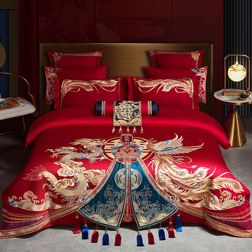 140支长绒棉婚庆四件套贡缎提花