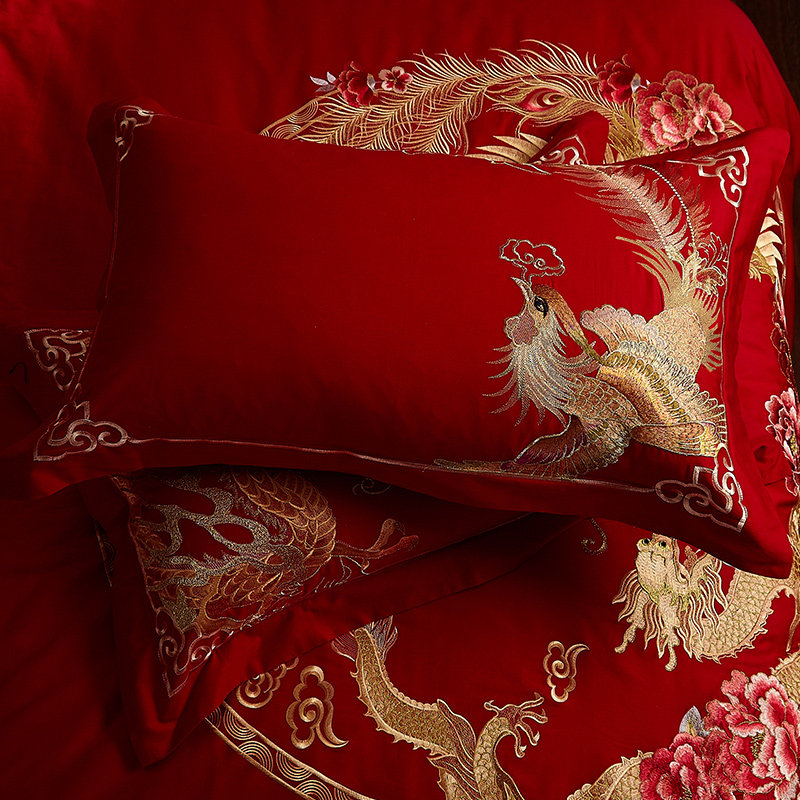 纯棉枕套 刺绣大红色单人枕头皮48*74cm一对龙凤婚庆结婚枕套含芯