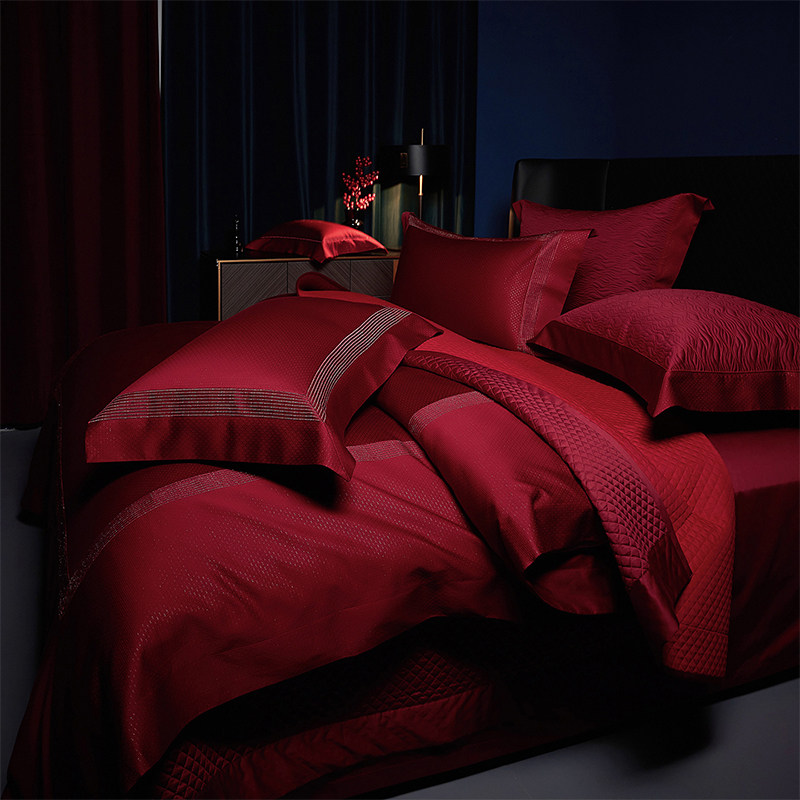 长绒棉高档婚庆四件套全棉别墅结婚纯棉喜庆床上用品67件套酒红色