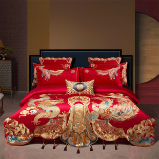 婚庆四件套全棉纯棉长绒棉红色喜字龙凤刺绣结婚喜被婚房床品十件