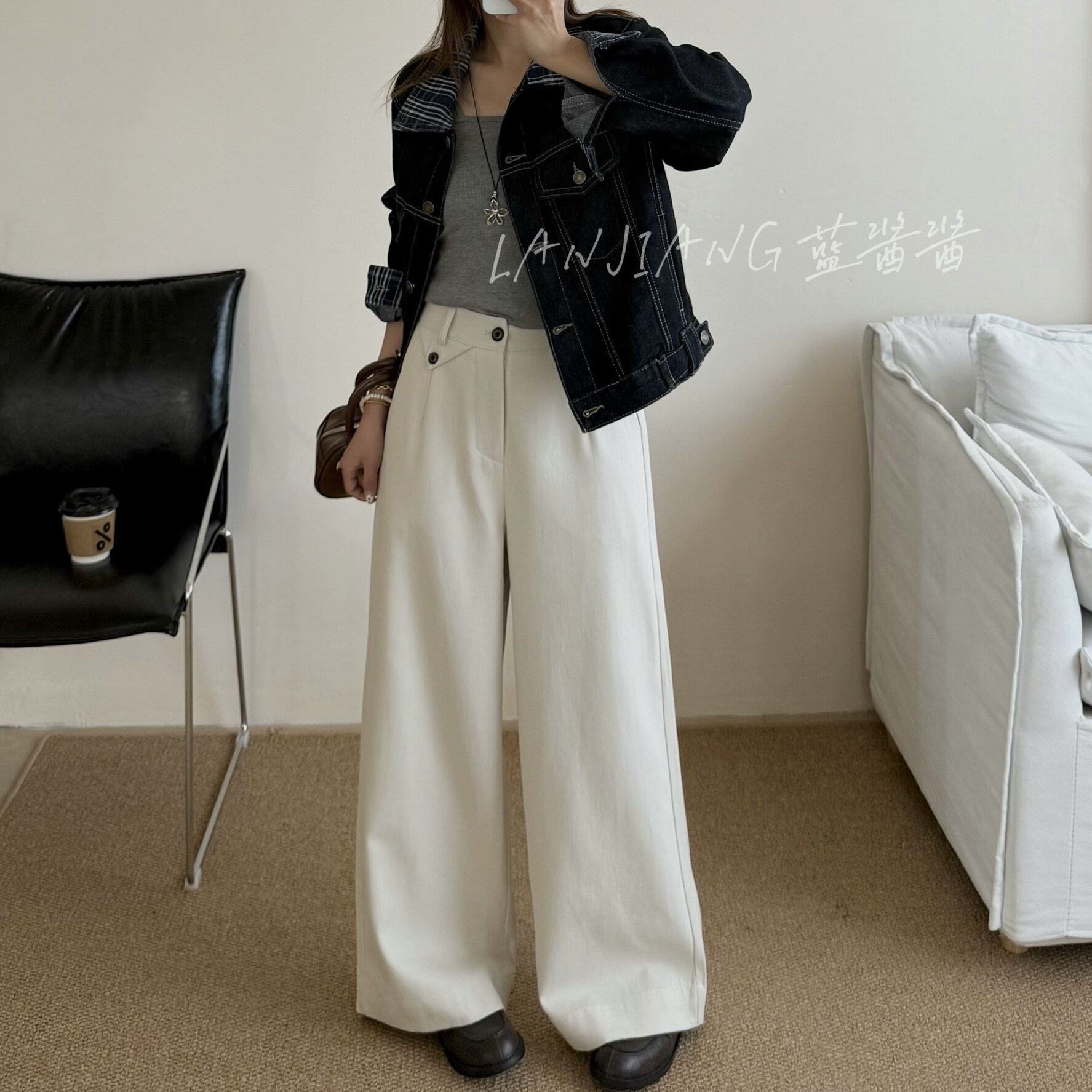 LANJIANG 杏仁薄巧 韩系复古百搭直筒阔腿裤小个子秋季休闲长裤