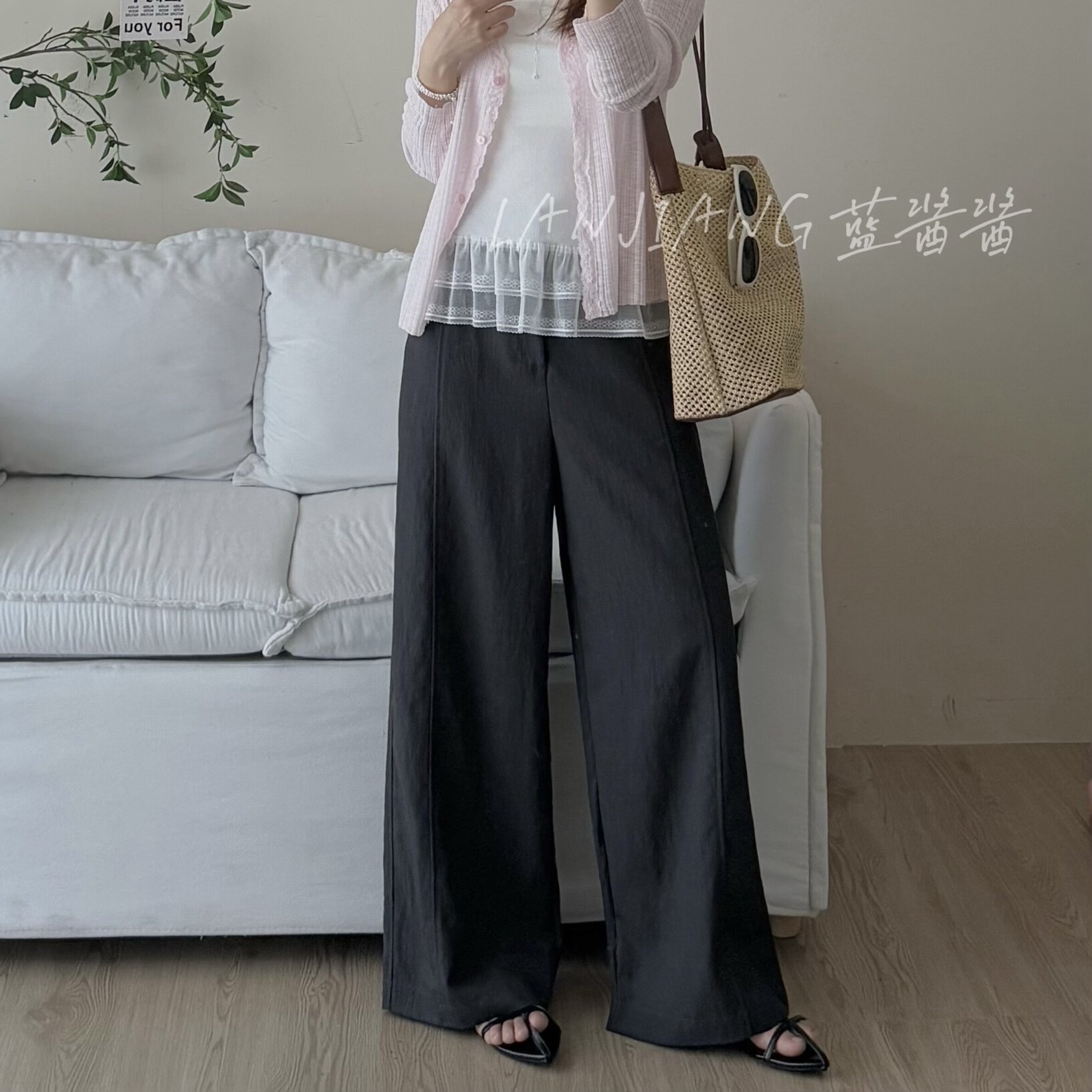LANJIANG 周末简约 韩系莱赛尔棉肌理感高腰显瘦阔腿休闲裤