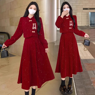 旗袍红色结婚订婚礼服连衣裙回门便装 高级感敬酒服新娘长袖 新中式