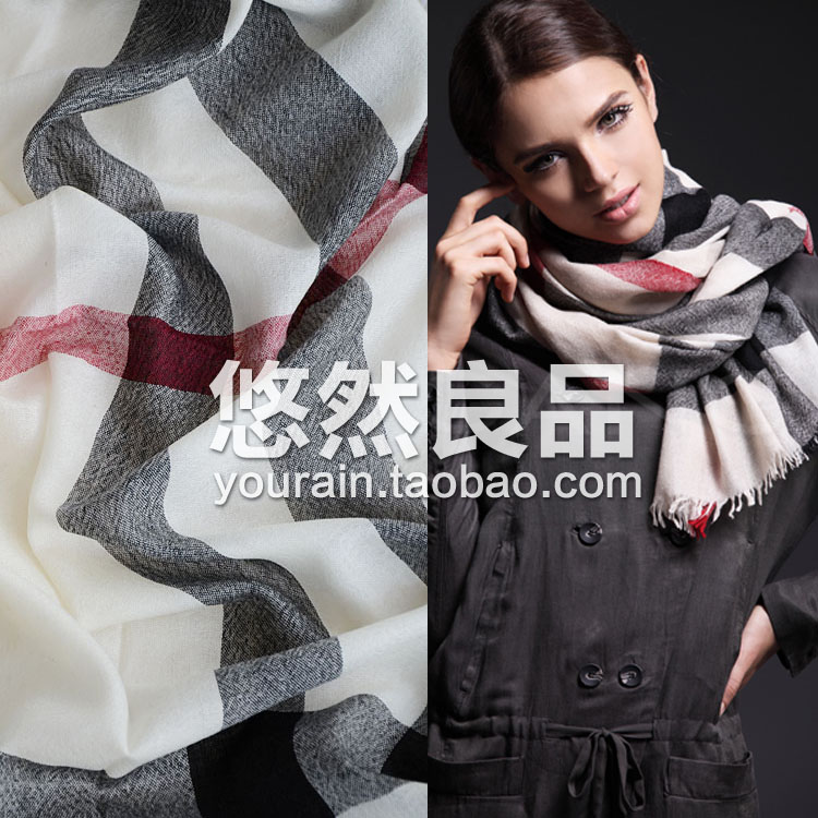 经典格子羊毛羊绒围巾明星同款米白底围巾四季通用超大披肩