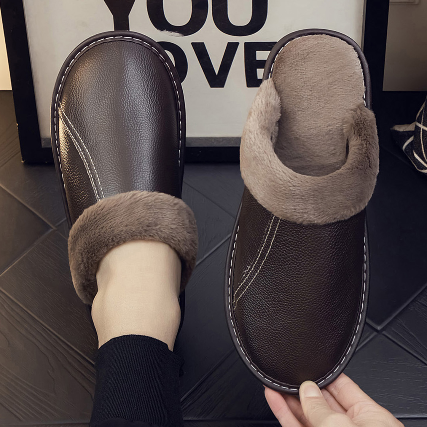 秋冬真牛皮居家保暖防滑棉拖鞋