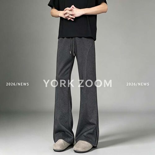 【York Zoom】秋季新品潮流灰卫裤男女微喇cleanfit弯刀拉链裤