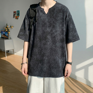 宽松潮流肌理纹V领短袖 美式 新款 T恤 百搭大码 扎染半袖 T恤男士 夏季