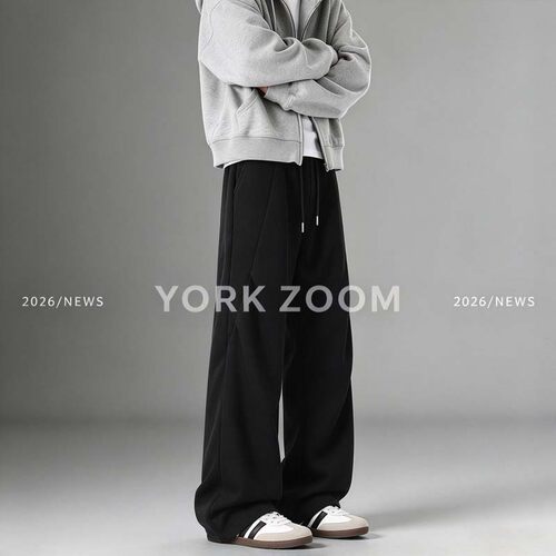 York Zoom秋季新品潮流灰卫裤男女微喇休闲裤cleanfit弯刀拉链裤