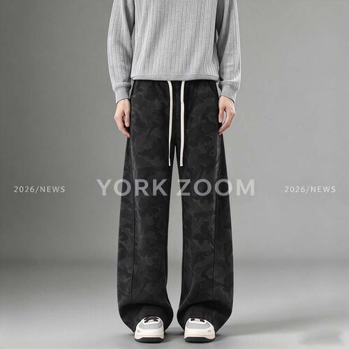 York Zoom秋季新品潮流灰卫裤男女微喇休闲裤cleanfit弯刀拉链裤