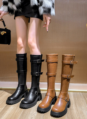 2025新款秋季黑色小个子美式显瘦厚底西部牛仔靴子女增高复古长靴