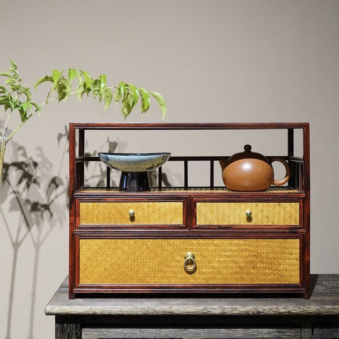 正宗印度小叶紫檀（檀香紫檀）嵌竹编茶棚/茶水柜/置物架/盆景袈