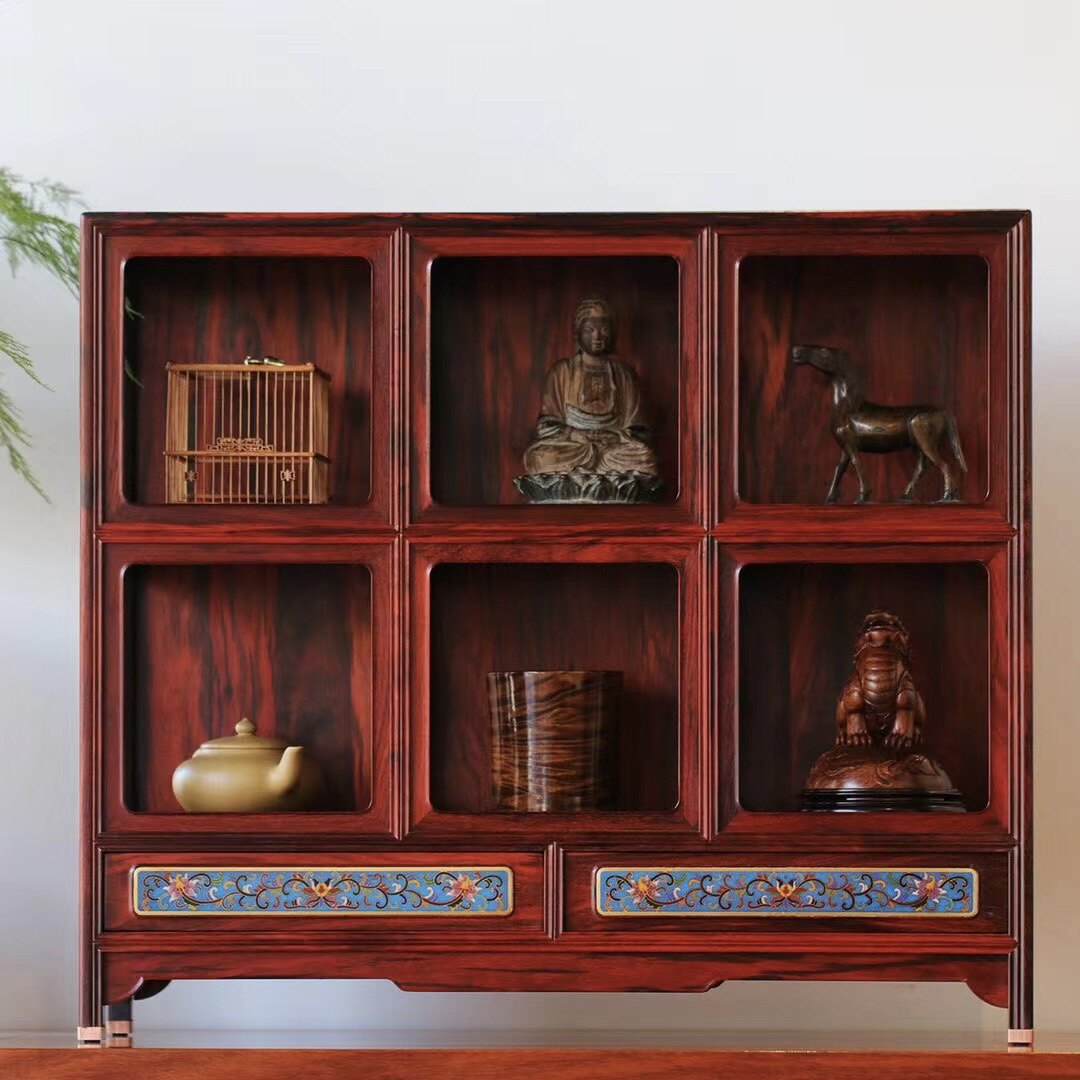 明式家具经典：正宗印度小叶紫檀嵌景泰蓝多宝格/博古架/置物架
